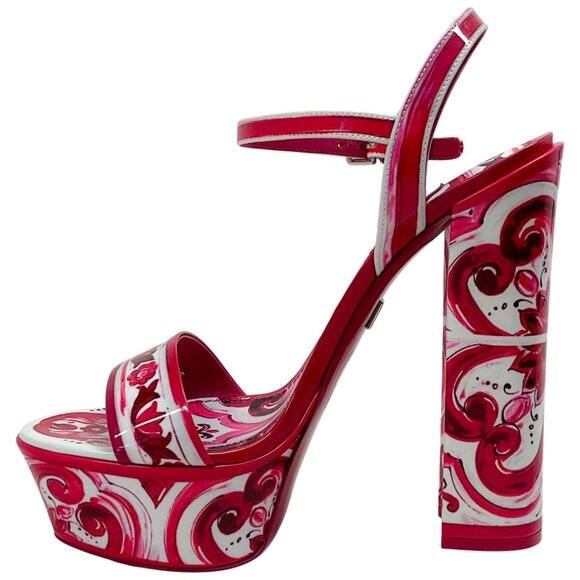Dolce & Gabbana Fuchsia / White Patent Leather Tile Print Platform Sandals - Picture 3 of 10